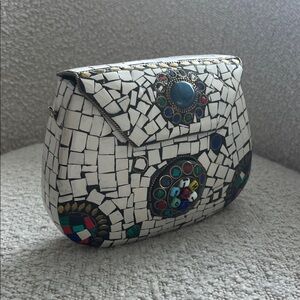Spanish Mosaic Patterned Clutch Bag - White and Multicolor